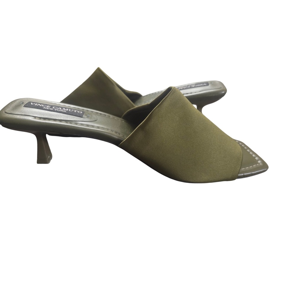 Vince Camuto Avira Olive Green Satin Kitten Heel Mules Square Toe Size 11M